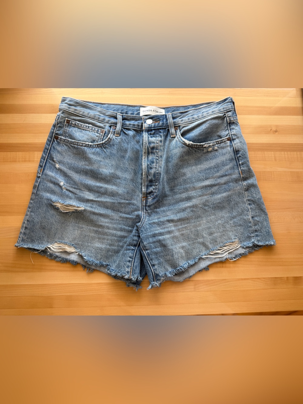 Denim Forum Ex Boyfriend High-Rise Distressed Jean Shorts- light blue - Picture 2 of 14